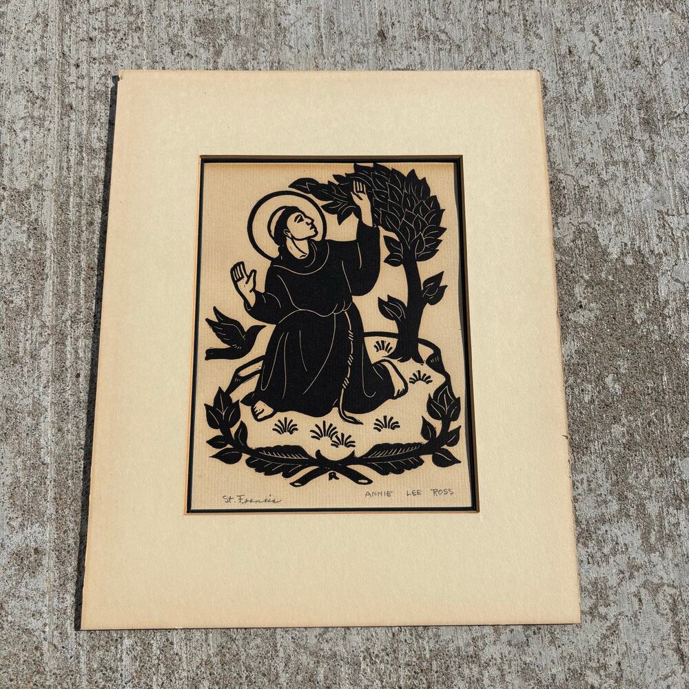 Vtg RARE Pencil Signed Annie Lee Ross Wood Block Print St. Francis 8x10 Matte